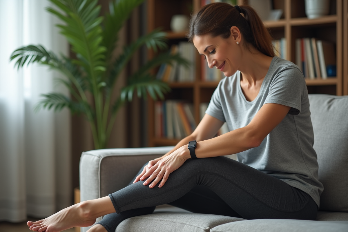 Femme assise se massant le mollet dans un salon moderne