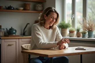 Femme d'âge moyen se massant le poignet dans une cuisine chaleureuse