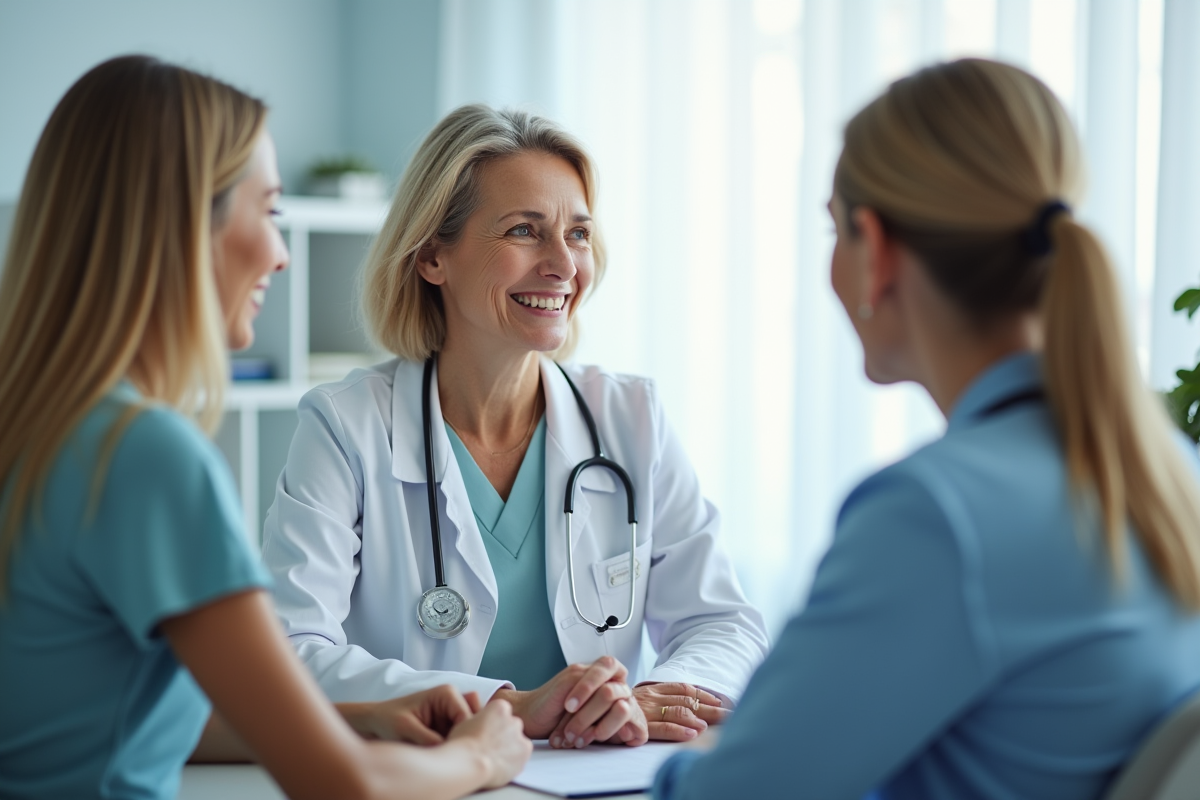 Femme souriante en consultation dans un cabinet médical lumineux