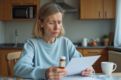 Femme préoccupée lisant la notice d'un médicament à la maison