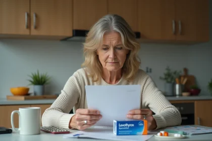 Femme lisant une notice de medicament dans la cuisine