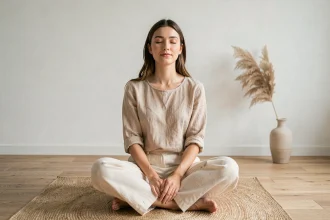 Femme pratiquant la méditation dans un intérieur minimaliste zen et épuré pour un mode de vie simple
