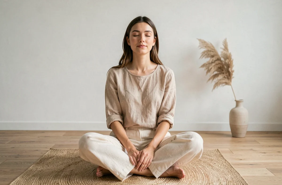 Femme pratiquant la méditation dans un intérieur minimaliste zen et épuré pour un mode de vie simple