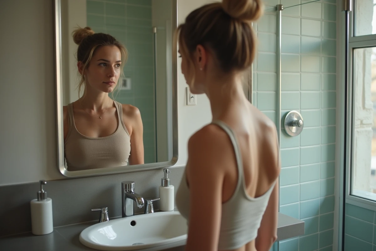 Femme regardant son reflet dans le miroir du matin