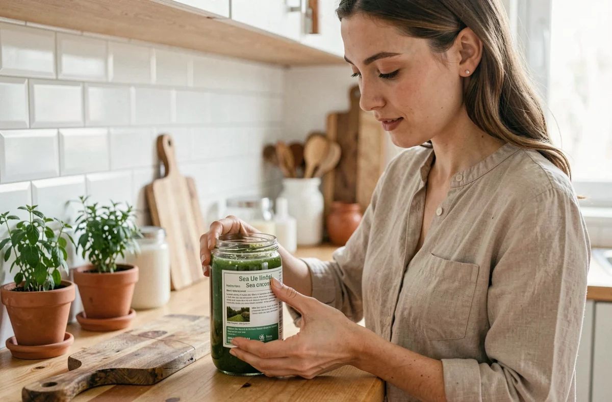 Jeune femme française examinant un pot de gel de mousse de mer dans une cuisine rustique en bois