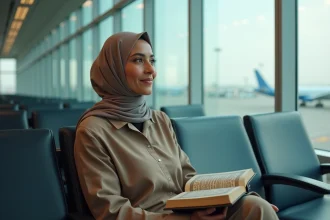Femme musulmane modeste avec hijab lisant le Quran à l'aéroport