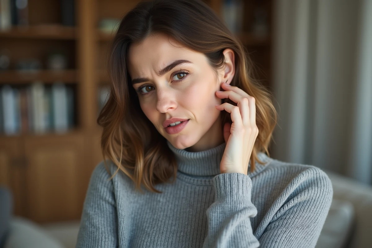 Femme tenant son oreille bouchée avec la main, expression de gêne auditive, à la maison