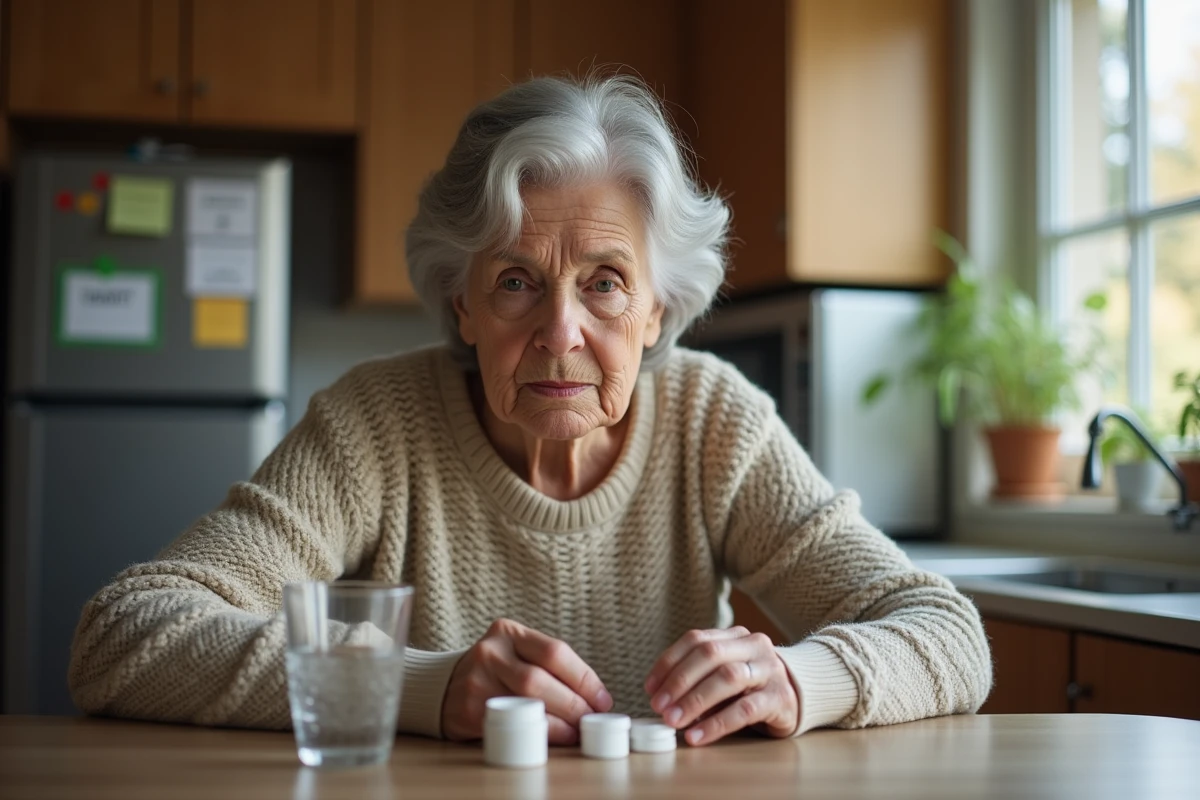 Femme &acirc;g&eacute;e organise m&eacute;dicaments &agrave; la maison