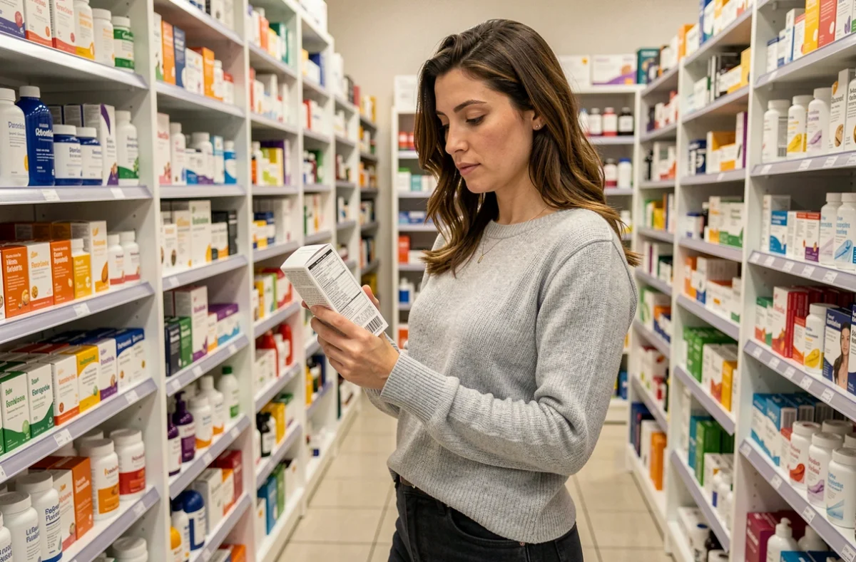 Femme lisant attentivement l'étiquette d'un complément alimentaire minceur dans le rayon d'une pharmacie française