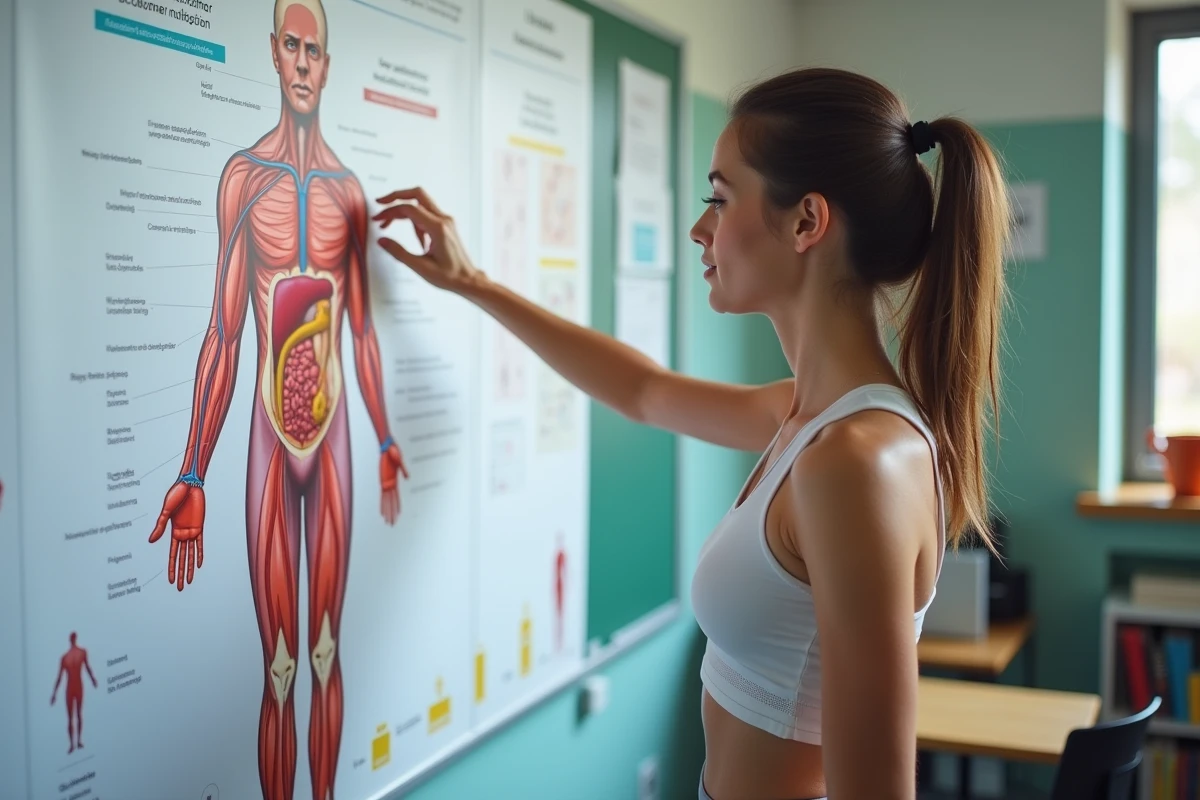 Jeune femme pointant un poster du syst&egrave;me circulatoire