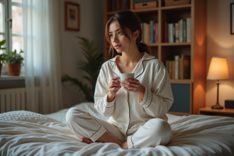 Femme en pyjamas confortables buvant une tisane au lit