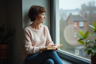 Femme d'âge moyen regardant par la fenêtre pluvieuse