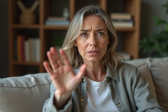 Femme d'âge moyen examinant sa main dans un salon cosy