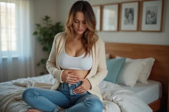 Femme assise sur le lit en réflexion sur sa santé