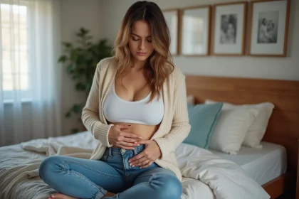 Femme assise sur le lit en r&eacute;flexion sur sa sant&eacute;