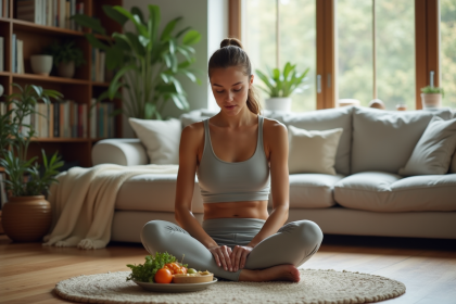 Femme en détente avec repas sain dans un intérieur cosy