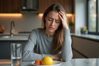 Femme pensive assise à la cuisine avec eau et fruits