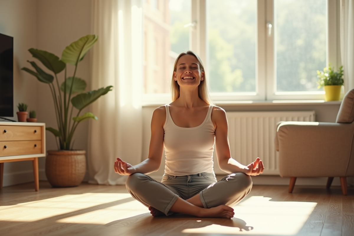 Femme souriante pratiquant la respiration profonde dans un salon lumineux