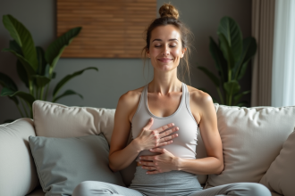Femme méditant en respiration profonde dans un salon