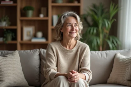 Femme en salon confortable avec sourire serein et ambiance chaleureuse