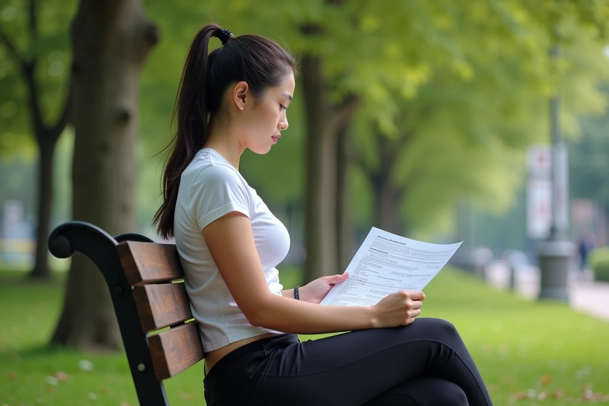 Jeune femme consulte ses résultats dans un parc
