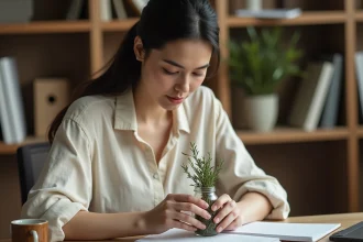 Femme concentrée tenant un bocal de romarin séché à son bureau en bois, ambiance naturelle et apaisante pour illustrer la vertu du romarin pour la concentration