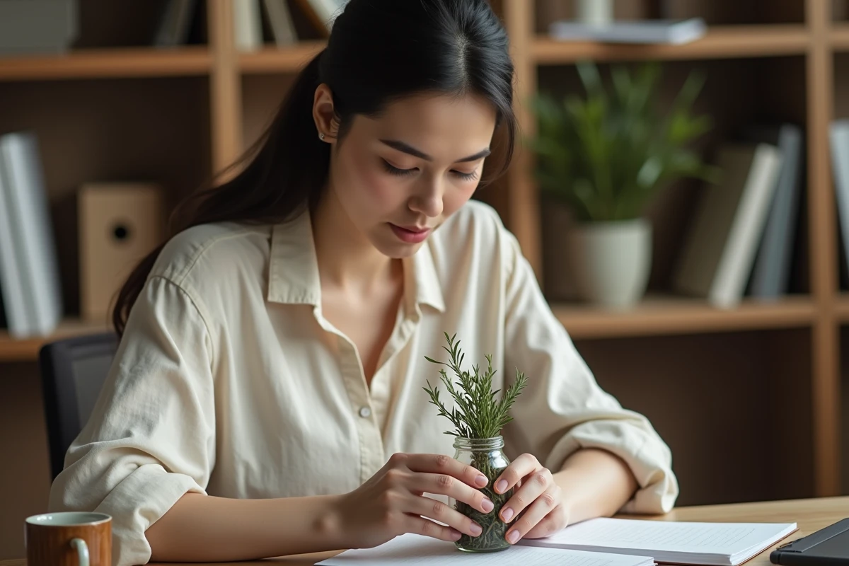 Femme concentrée tenant un bocal de romarin séché à son bureau en bois, ambiance naturelle et apaisante pour illustrer la vertu du romarin pour la concentration