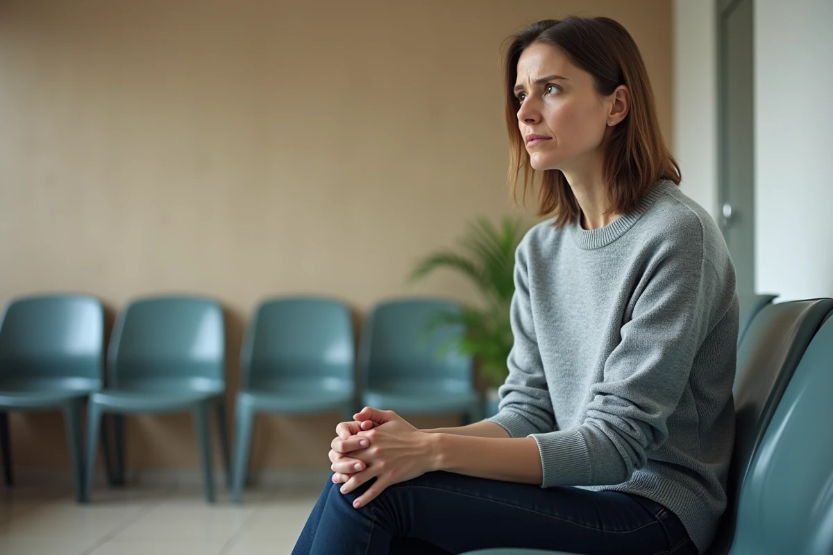 Femme fatiguée assise dans une salle d'attente médicale, illustrant l'errance diagnostique liée à la maladie de Ménière