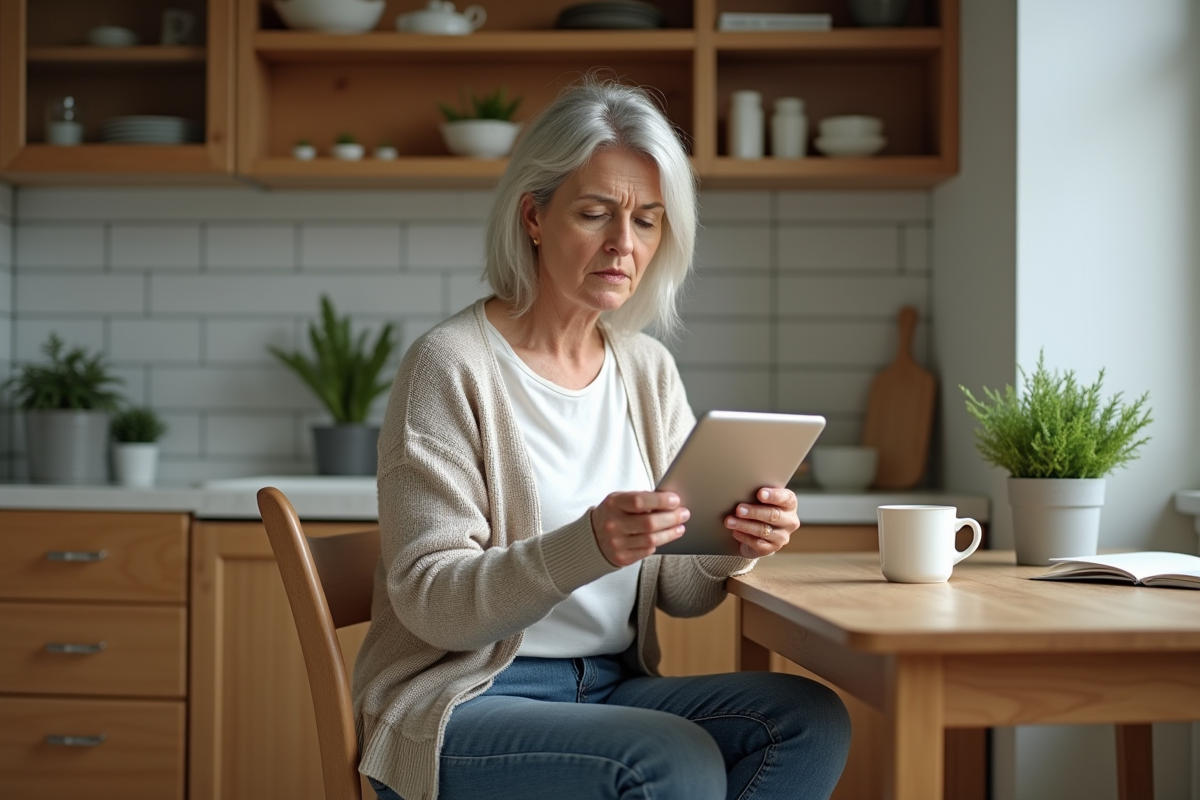 Femme assise à la table de cuisine lisant une information médicale