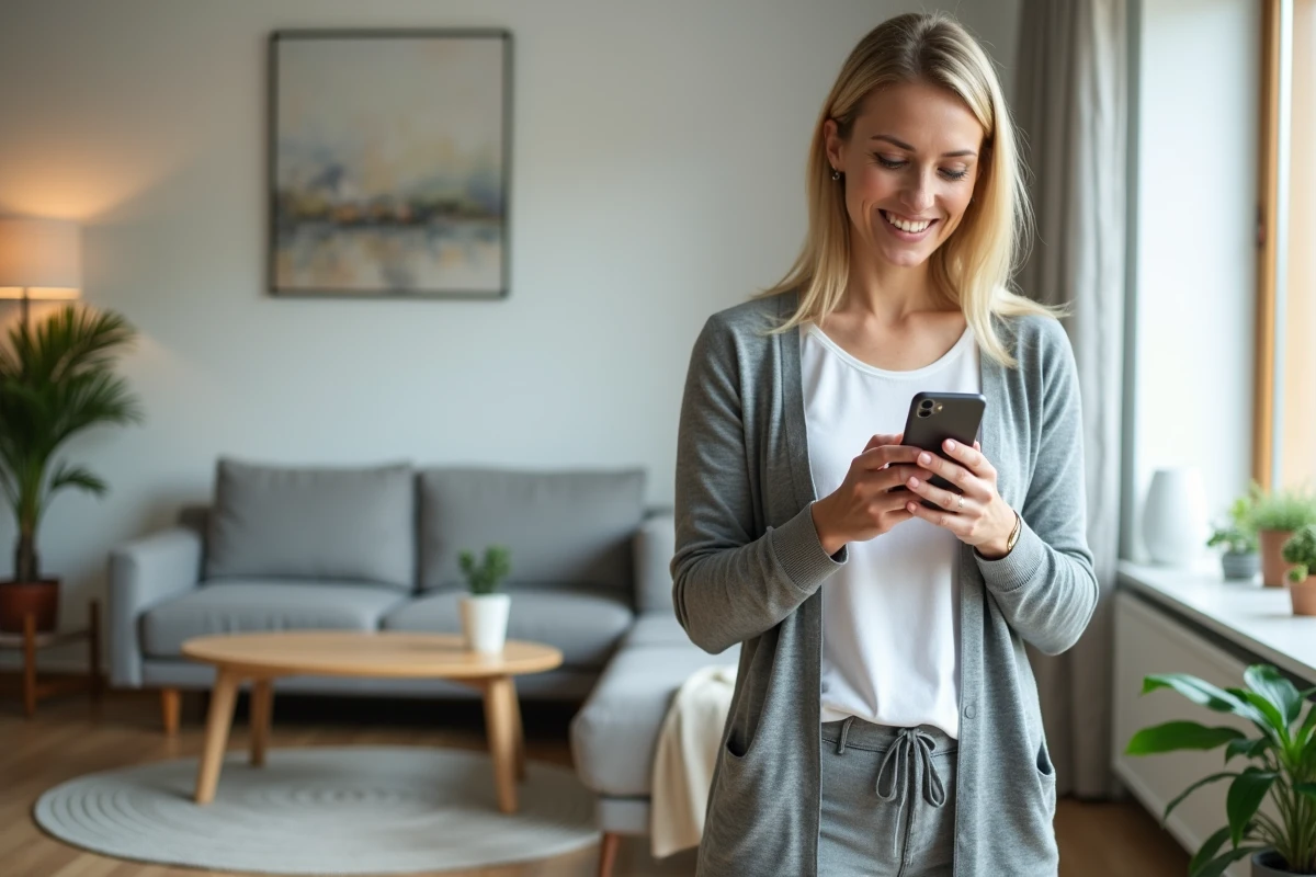 Femme souriante utilisant son smartphone dans le salon