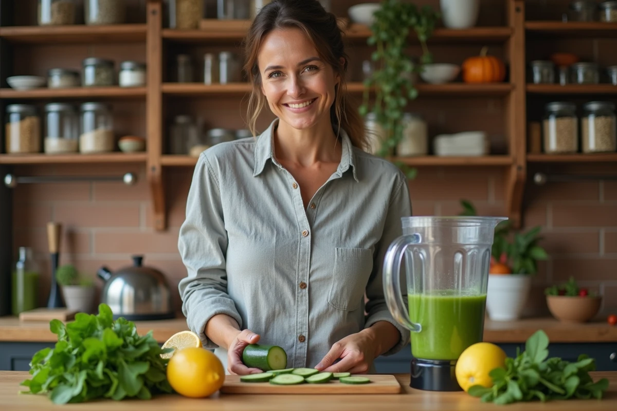 Femme préparant un smoothie vert détox à base de légumes pour soutenir le foie et réduire les transaminases élevées