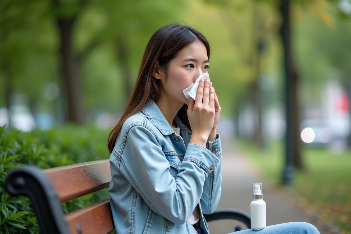 Jeune femme en park avec spray nasal en main