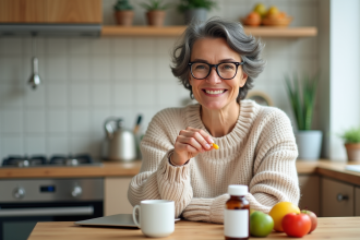 Femme souriante dans une cuisine moderne avec vitamines