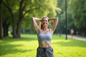Femme d'âge moyen en tenue de sport s'étirant dans un parc vert