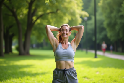 Femme d'âge moyen en tenue de sport s'étirant dans un parc vert