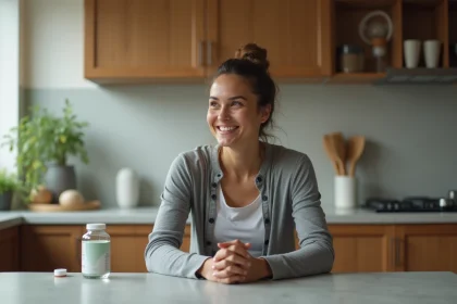 Femme sportive souriante dans sa cuisine moderne