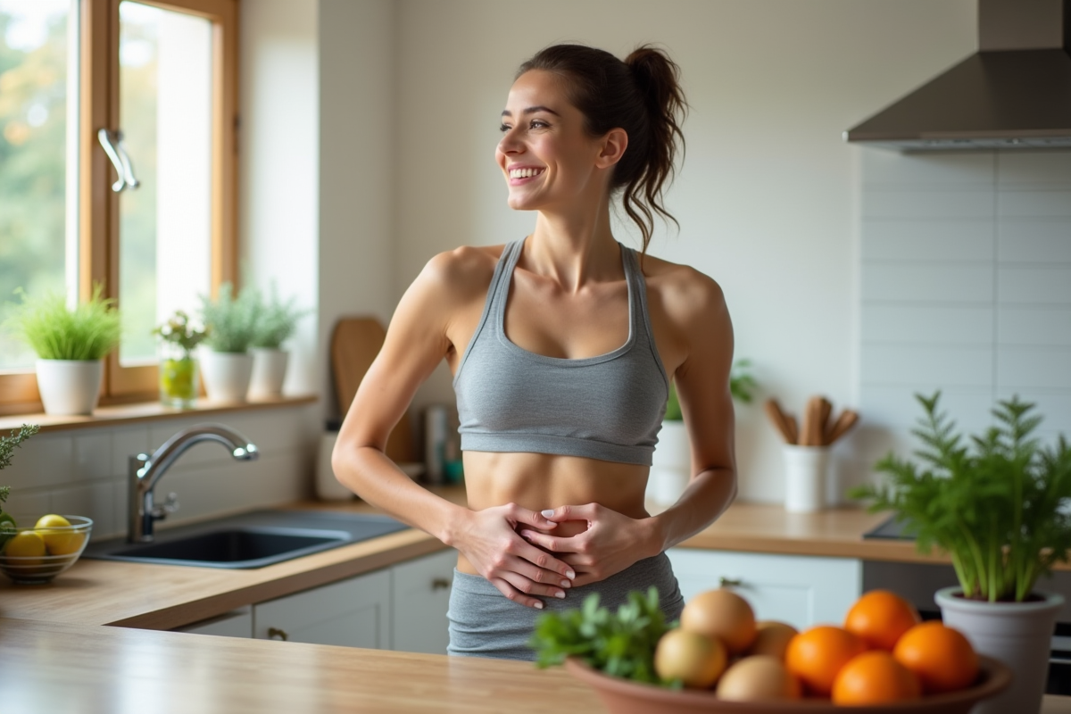 Femme sportive souriante dans une cuisine lumineuse