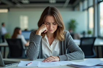 Femme stress&eacute;e au bureau dans un environnement moderne