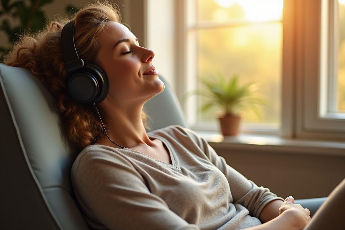 Femme adulte en relaxation avec casque dans un environnement apaisant