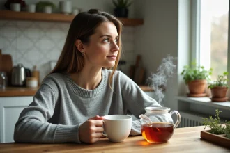 Femme sirotant une tisane de thym dans la cuisine chaleureuse