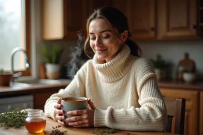 Femme tenant une tasse de tisane de thym fumante entre ses mains pour soulager la toux hivernale