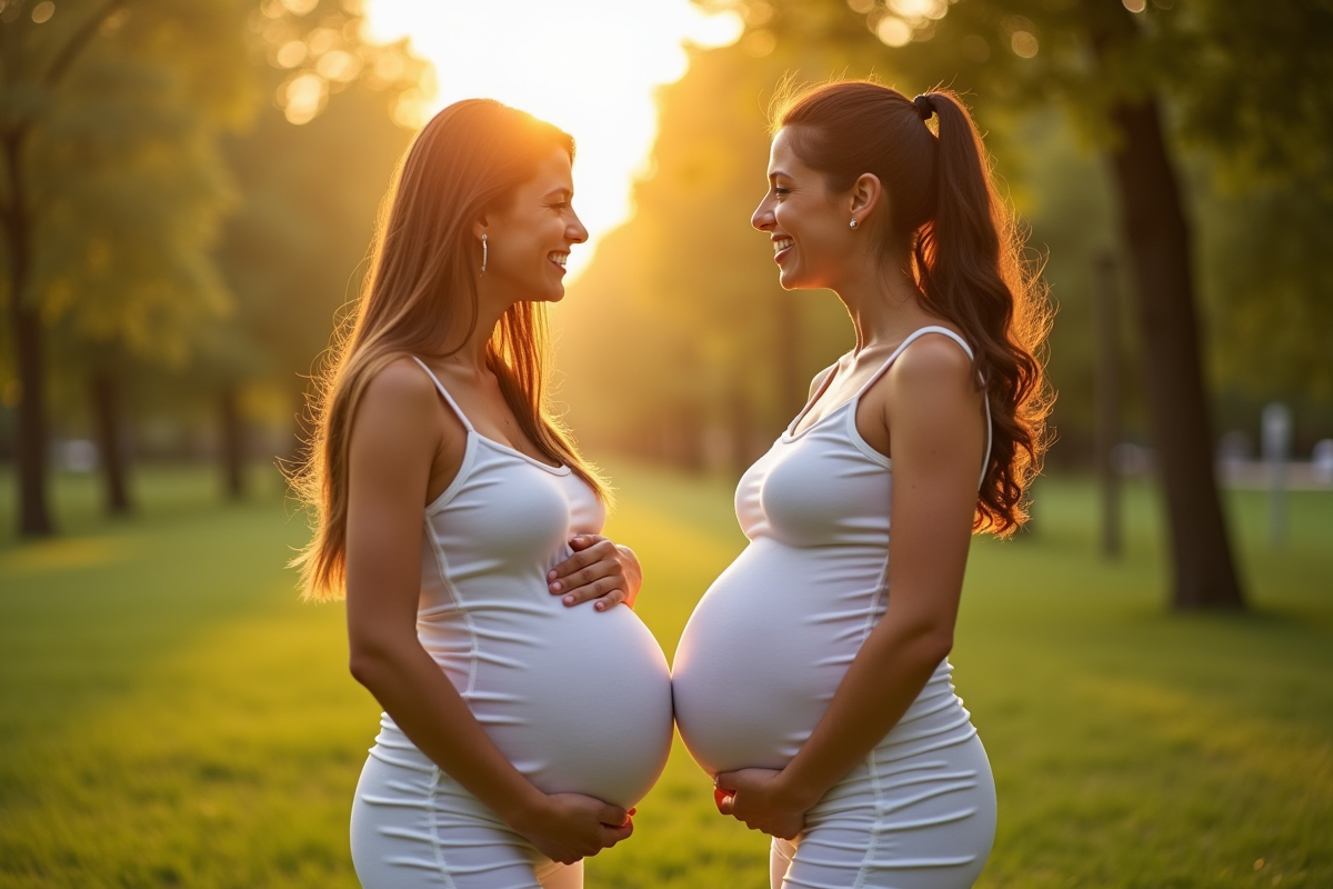 Deux femmes enceintes souriantes dans un parc ensoleille