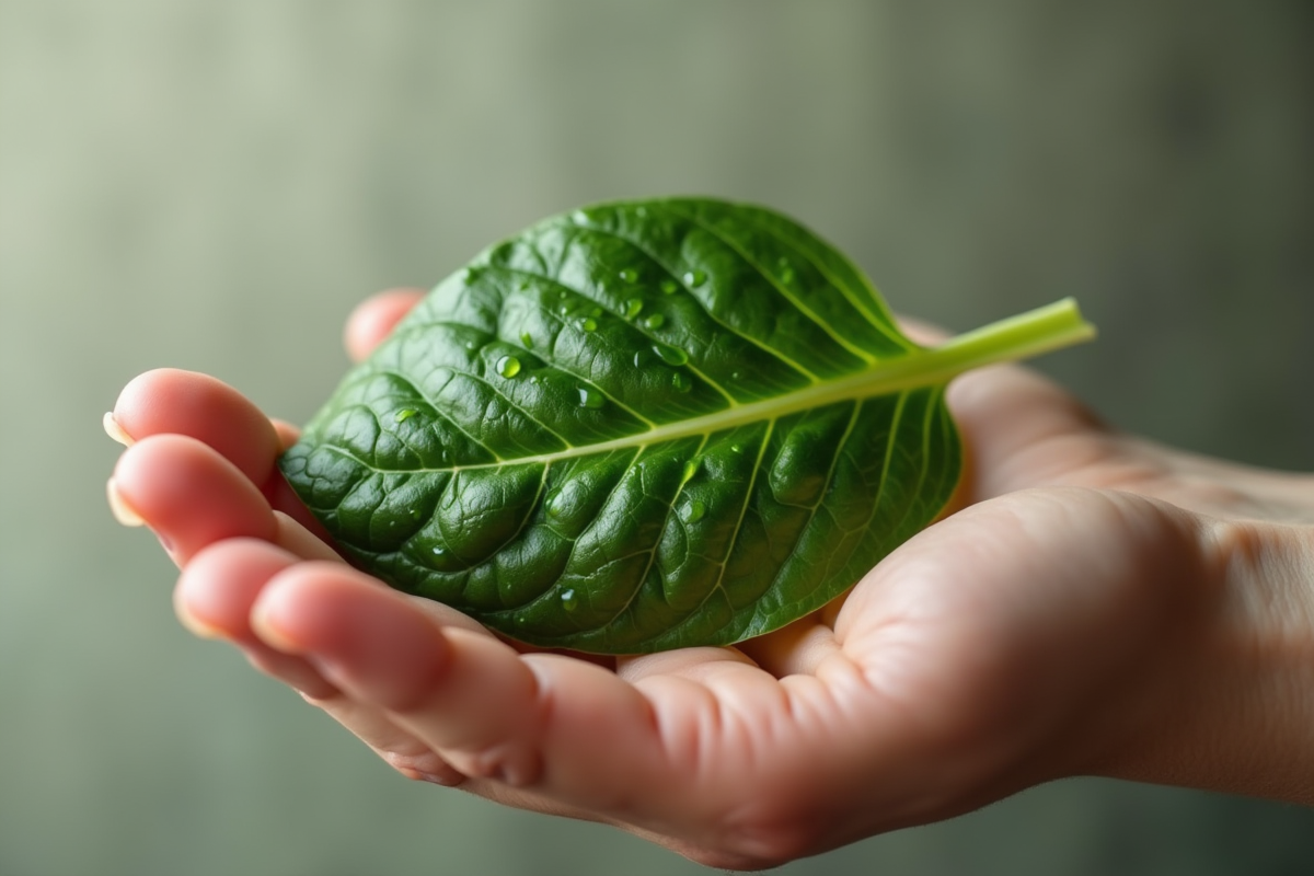 Feuille d epinard verte dans la paume avec gouttes d eau