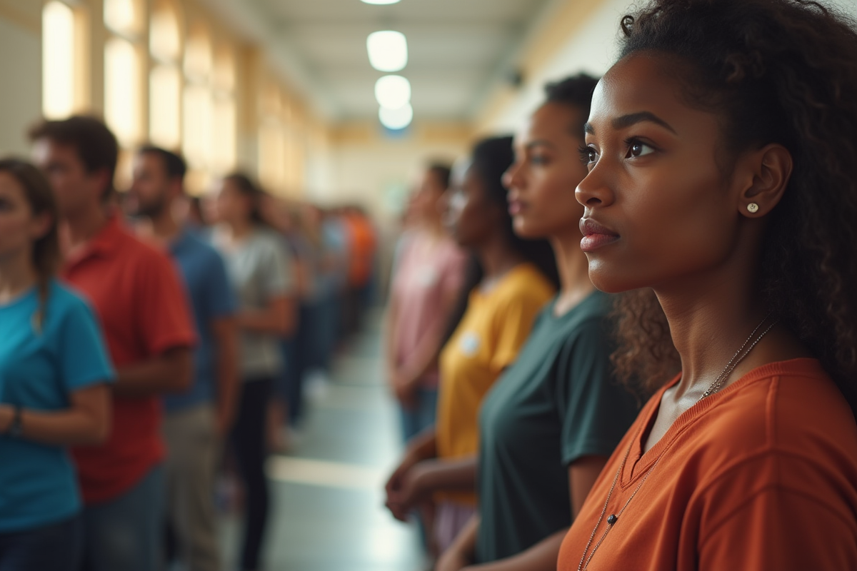 Groupe de personnes diverses attendant calmement au centre de vaccination