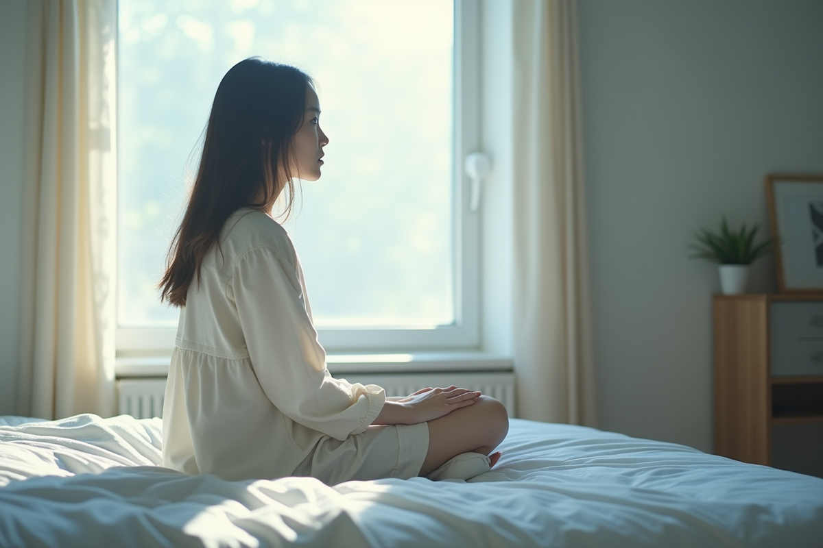 Jeune femme assise sur un lit blanc regardant par la fenêtre