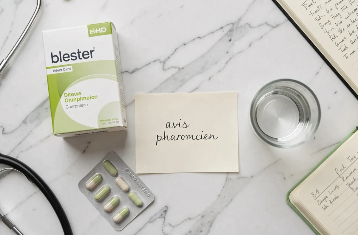 Mise en scène flat lay d'un complément minceur, capsules et notes de pharmacien sur fond de marbre blanc
