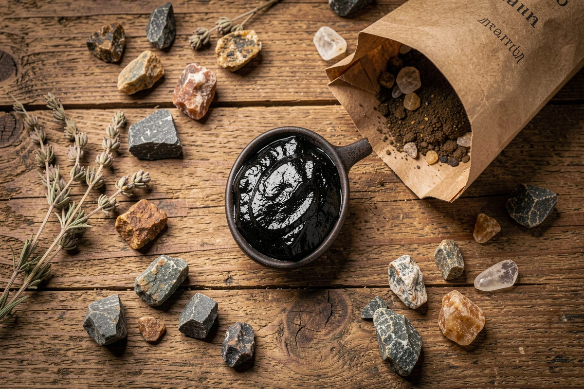 Vue de dessus d'une résine de shilajit pur avec des minéraux naturels et des herbes sur bois brut