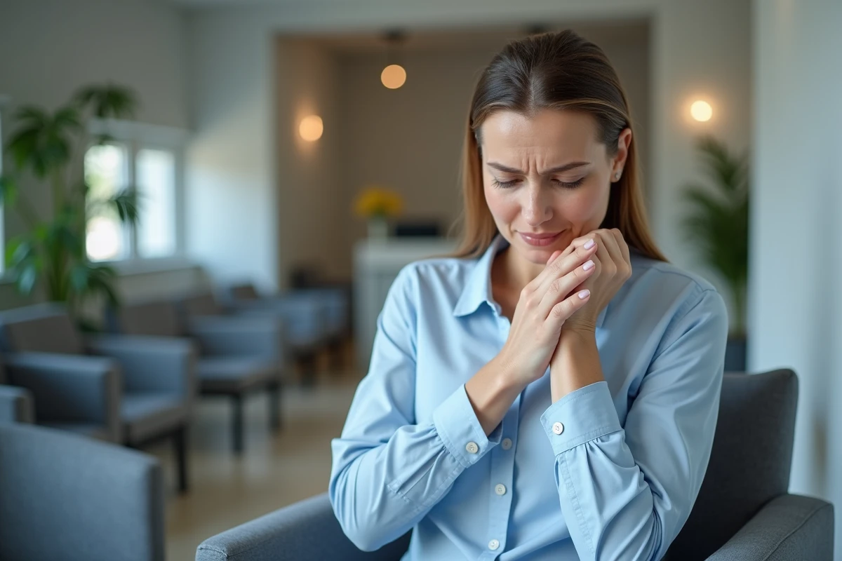Femme en salle d'attente médicale se frottant le bras et la main gauche, exprimant une inquiétude face à des fourmillements, illustration pour un article de santé