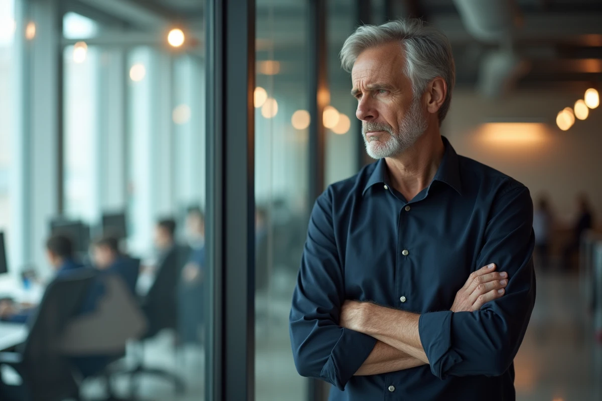 Homme en bureau se tenant le bras gauche avec une expression de préoccupation, illustration des symptômes de fourmillements au bras en milieu professionnel