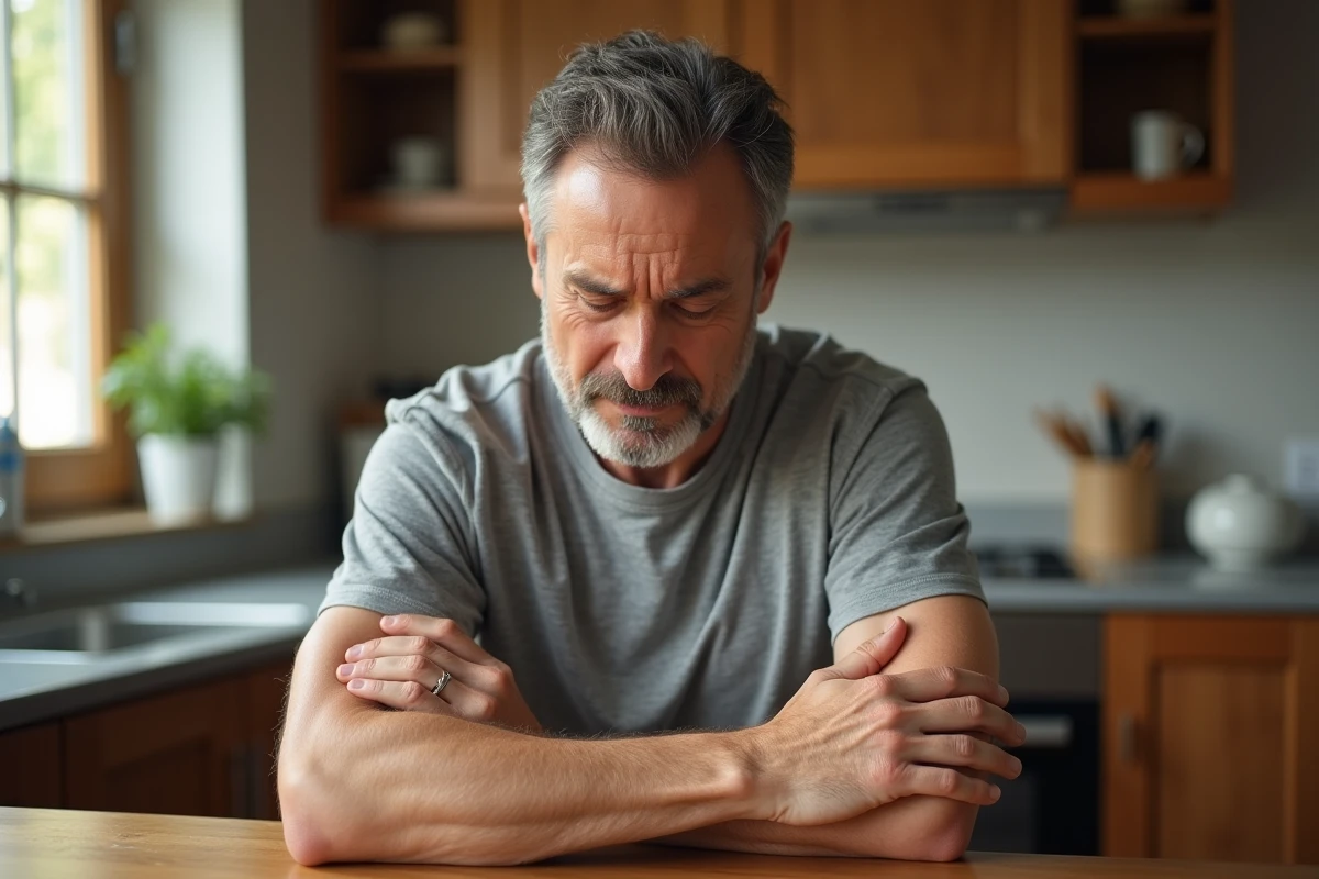 Homme d'âge moyen tenant son bras gauche avec une expression inquiète, assis dans une cuisine, illustrant la réaction face à des fourmillements dans le bras